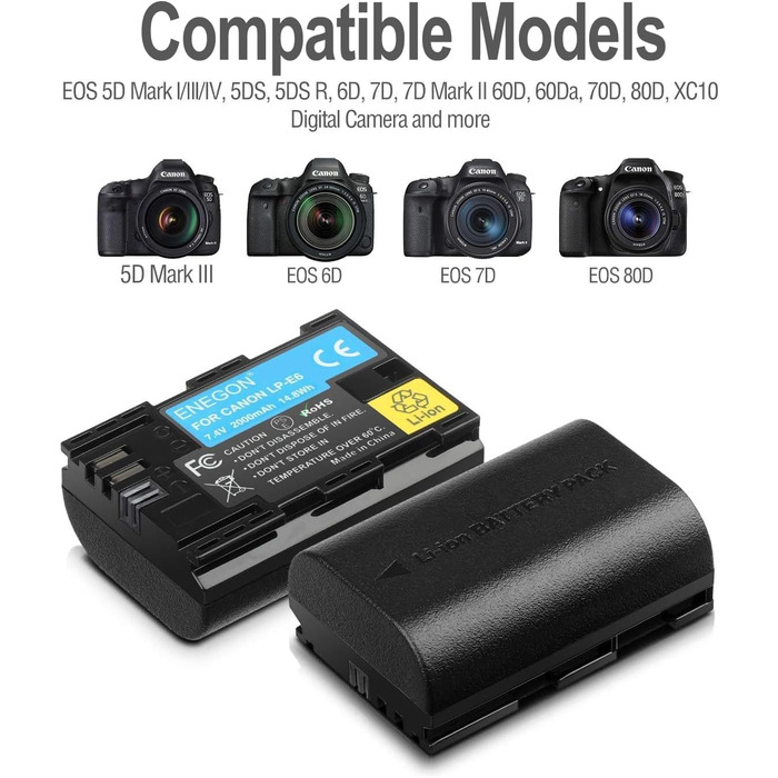 Запасний акумулятор ENEGON LP-E6 (2 шт.) та розумне LED Dual USB зарядне пристрій для Canon LP-E6, LP-E6N та Canon EOS 5D Mark II/III/IV, 5DS, 5DS R, 6D, 7D, 7D Mark II, 60D, 70D, 80D та інші камери 2 x LP-E6 акумулятори + 1 x Dual LED зарядне пристрій