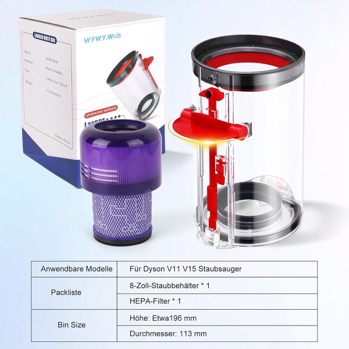 Dyson V11/V15/SV14/SV15/SV17/SV22 Dust Bin with HEPA Filter - Replacement Part 970050-01 & 965443-01