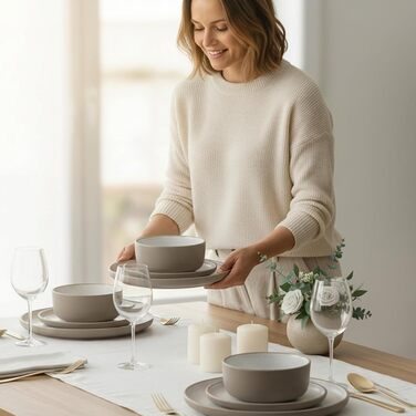 Сервіз Hausfelder для 8 осіб, 32 деталі, кераміка – 24-х предметний набір посуду з тарілок, мисок та чашок – стійкий до миття в посудомийній машині, сучасний дизайн (Nordic Sand)