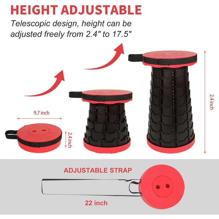 Крісло-телескоп для кемпінгу, регульована висота 6-45 см, вантажопідйомність 181 кг, портативне з ременем для перенесення (Червоний, 2 шт.)