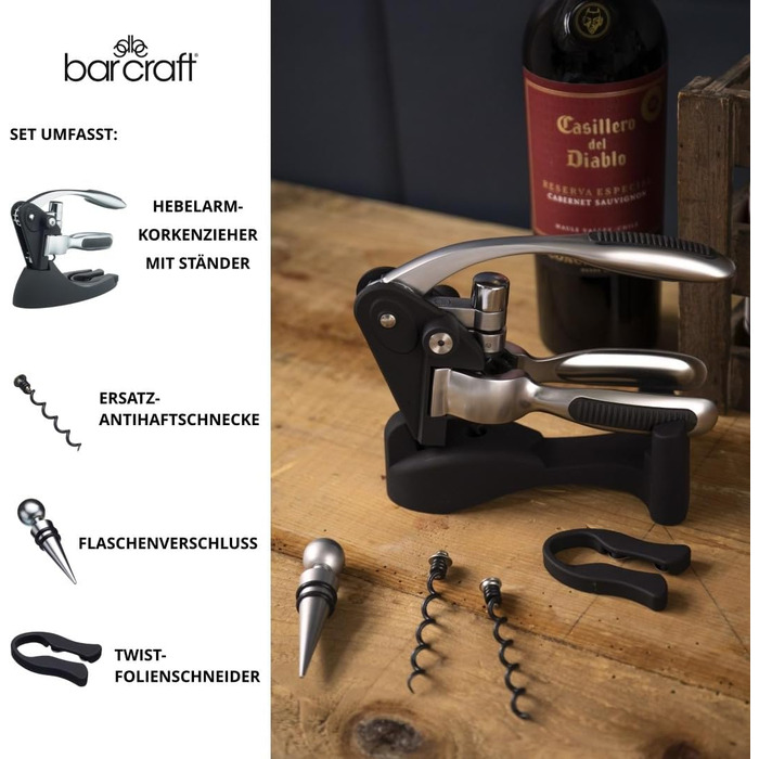 BarCraft Waiter's Corkscrew and Wine Bottle Opener, with Bottle Stopper, Foil Cutter and Replacement Non-Stick Worm, Metal Shimmer, 1 Set with Presentation Box