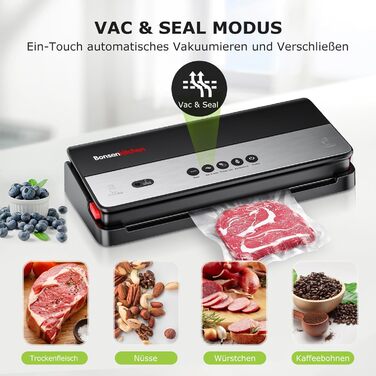Вакуумний пакувальник Bonsenkitchen для сухих та вологих продуктів з вбудованим різаком, 1 рулон фольги, 50 професійних фольгованих пакетів чорного кольору