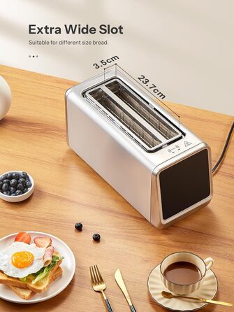 Тостер з нержавіючої сталі з сенсорним екраном та функцією пам'яті, 4-х слайсова модель з 6 рівнями підсмажування та 5 режимами для хліба, функціями розморожування та підігріву, технологією Single Slot
