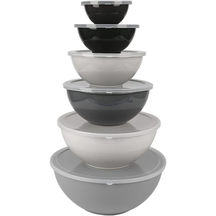Набір місок для перемішування BoxedHome з кришками, 12 штук. Пластикові салатники з неслизьким дном, набір для кухні (6 місок та 6 кришок, сірий градієнт)