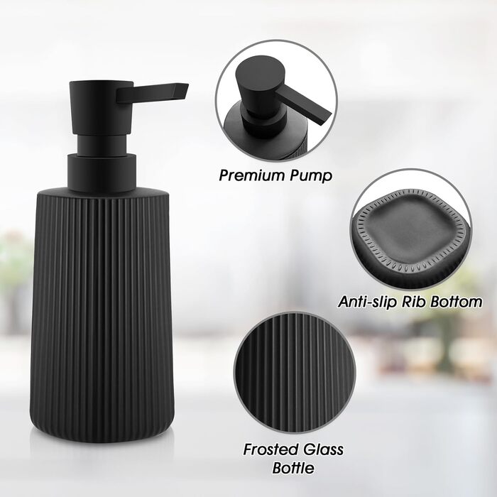 Дозатор мила скляний чорний матовий, дозатор для миття посуду, для кухні та ванної кімнати, з помповим механізмом (1 шт., чорний)