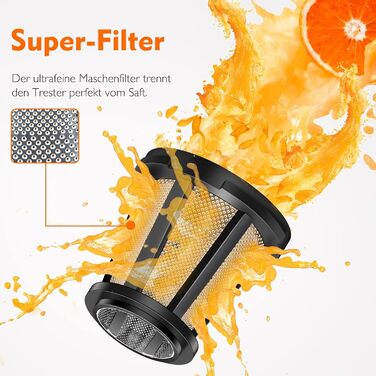 AMZCHEF Juicer for Vegetables and Fruits - Test Winner - Slow Juicer with Reverse-Masticating Function - Gentle Crushing Without Filtering - Electric Juice Press with Brush and 2 Cups - Orange