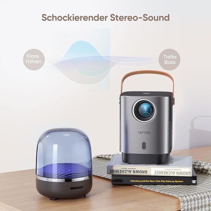 Портативний проєктор TOPTRO Mini Beamer - 18000 люмен, 1080P Full HD, WiFi6, Bluetooth, 4D/4P корекція трапеції, електрофокус, захист від пилу, 200 дюймів для TV Stick/Smartphone/HDMI/USB