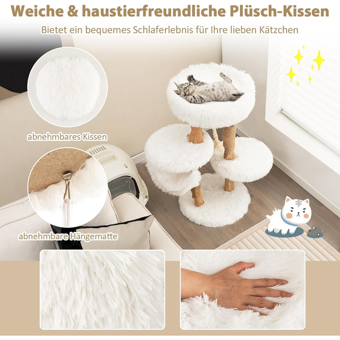 Кігтеточка для котів COSTWAY 87 см з гамаком, джутовим покриттям та м'якими сидіннями, дерев'яний кігтеточний комплекс, білий, 2 стовпчики