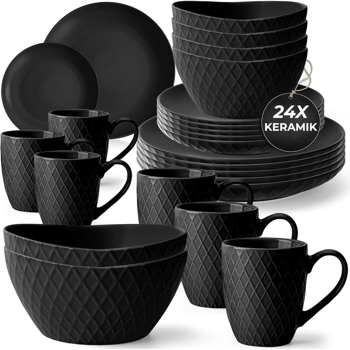 MIAMIO Набір посуду з 24 предметів з кераміки (тафельський сервіз) для 6 осіб, чорний колір, Palmanova Collection. Підходить для миття в посудомийній машині та використання в мікрохвильовці.