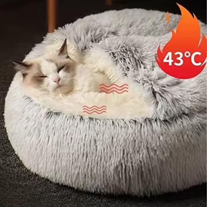 Заспокійливий лежак для котів і маленьких собак, м'який плюшевий зимовий будиночок, нековзка основа, машинне прання, сірий, 50 см