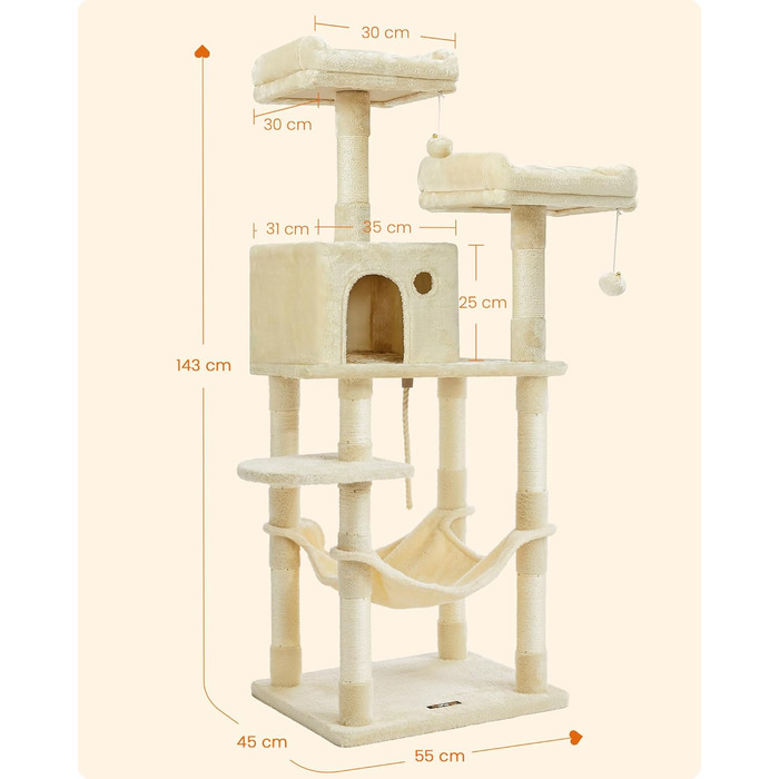 Дряпка для котів Feandrea, 112 см, багатоповерхова, з 11 стовпчиками, 2 платформами, будиночком та гамаком, 2 іграшками, PCT215W01