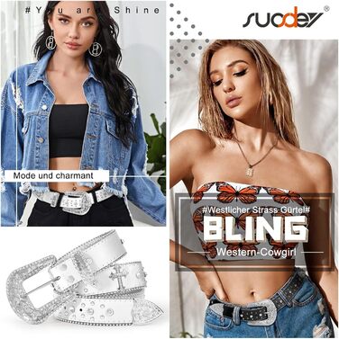 Чоловічий та жіночий шкіряний ремінь SUOSDEY з стразами, ковбойський стиль, 105 см, розмір 71-85 см