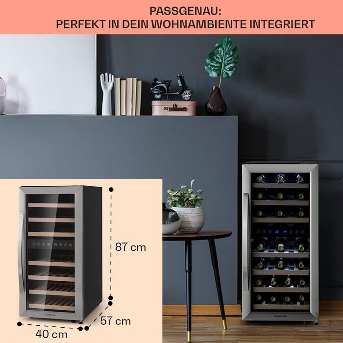 Klarstein 33-Bottle Wine Refrigerator - 2 Zone Freestanding Wine Cooler with Glass Door, Indoor/Outdoor Beersafe, LED Lighting, 5-18°C - Silver/Black