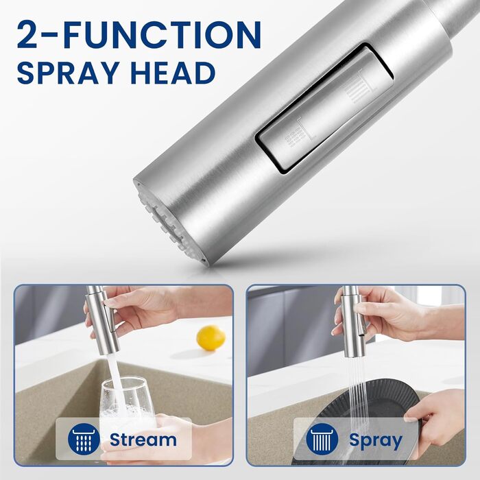 Змішувач кухонний CECIPA з витяжною насадкою, висувний, з двома режимами струменя, поворотний на 360°, одноlever, нержавіюча сталь, срібло