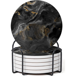 Set of 6 abstract dark blue marble coasters with holder, absorbent ceramic coasters for drinks, coasters with cork backing for table protection, housewarming gifts (Abstract Black Marble)