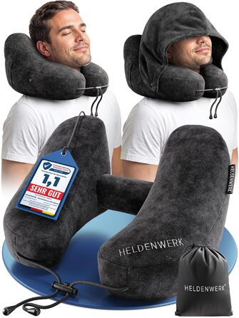 Подушка для шиї HELDENWERK® Air: 5 положень, швидке надування, регулювання тиску | Знімна капюшон | Для подорожей (автомобіль, літак) | Чорний, великий розмір