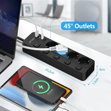 Мережевий адаптер JSVER на 5 розеток з індивідуальним вимикачем, 2 USB-A та 2 USB-C (17W), мережева стрічка з USB для столу з кабелем 2м для смартфонів, ноутбуків - білий (чорний 4-розеточний)