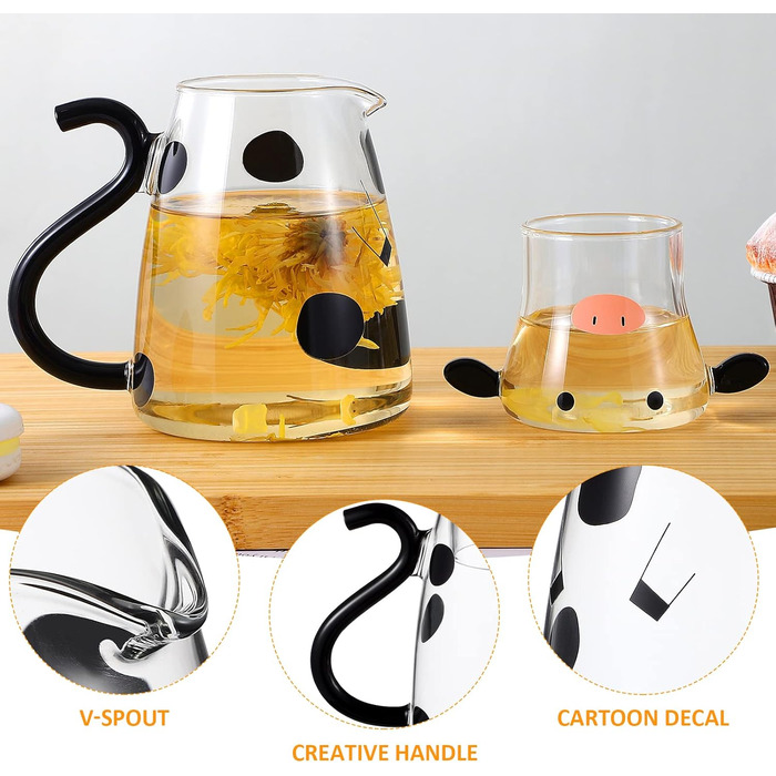 Cabilock Carafe Set with Glasses, Cute Glass Water Jug, Cute Cow Cold Juice Jug 550ml Glass Jug with Lid for Fruit Juice, Iced Tea, Milk, Cold Water Bottle, Glass Water Jug, Black, White
