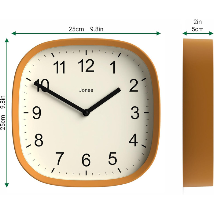 JONES CLOCKS Square Retro Wall Clock made of high-quality acrylic, 'Sprite' in Mint 25 x 25 x 5 cm (Yellow)