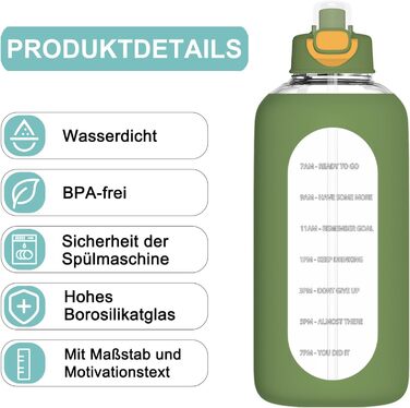 2 Liter Glass Water Bottle, 2L Glass Bottle, Glass Water Bottle with Straw, Bottle Brush, (Green)