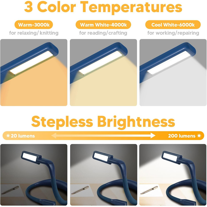 LED лампа на шию для читання Buch синя: книжкова лампа, ліхтарик для в'язання, подарунок чоловікові на Різдво