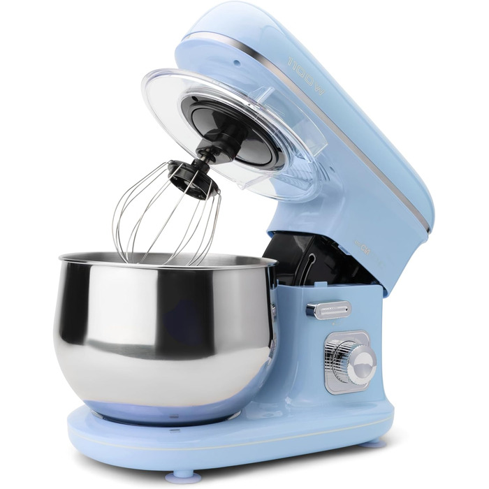 Кухонна машина Clatronic Retro 5 л, 1100 Вт, для замішування тіста, з гачком і вінчиком, збризкозахист, синя