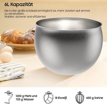 Кухонна машина з чашею 6л з нержавіючої сталі, міксер для тіста з Flexi-мішалкою, гаком для тіста та вінчиком, 6 швидкостей, 1500 Вт