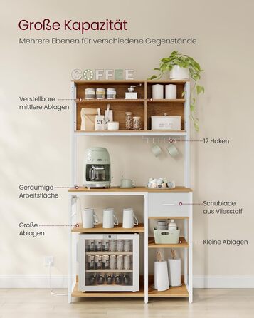 Стелаж кухонний VASAGLE з розетками, 40 x 100 x 180,4 см, 12 гачків, антрацит-чорний, з регульованими полицями та висувною шухлядою