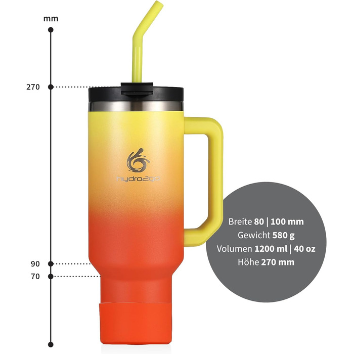 Термокружка Hydro2Go з трубочкою – BPA-free, придатна для миття в посудомийній машині, зберігає тепло 10 годин/холод 12 годин – 1200 мл, колір Sun