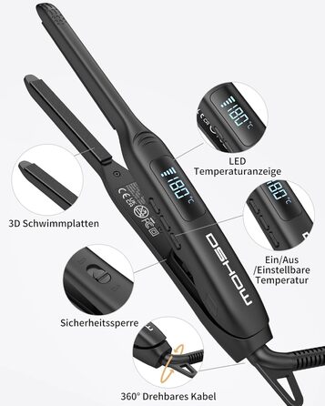 Випрямляч для волосся DSHOW для короткого волосся, 9 мм, 2-в-1 для бороди та чубчика, всі типи волосся (Чорний)