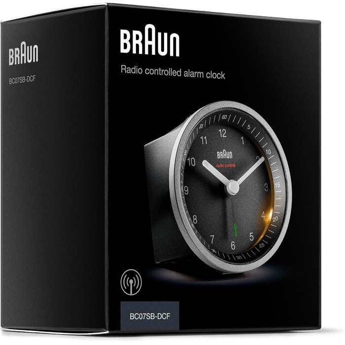 Braun Classic Analog Radio Alarm Clock, Central European Time Zone (CET/GMT+1) with Snooze Function and Illumination, Silent Movement, Crescendo Alarm, Black and Silver, Model BC07SB-DCF.