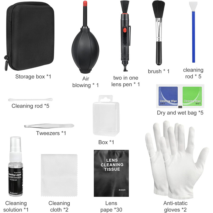 Набір для чищення камери 14-в-1: об'єктиви, фільтри, мобільні телефони. Комплектація: стилус, щітка, повітряний дюймаметр, серветка