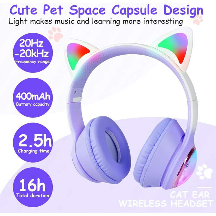 Дитячі навушники AXFEE з Bluetooth, котячі вушка, LED-підсвічування, Over-Ear, бездротові, з мікрофоном, Micro SD/TF, для телефону/планшета/ПК (#02 фіолетовий v5.3)