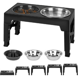 Підвищений годівниця для собак з регулюванням висоти, 5 рівнів, 2 миски з нержавіючої сталі та 1 миска з захистом від протікання. Підвищена станція для годування собак. Підходить для собак маленьких, середніх та великих порід.