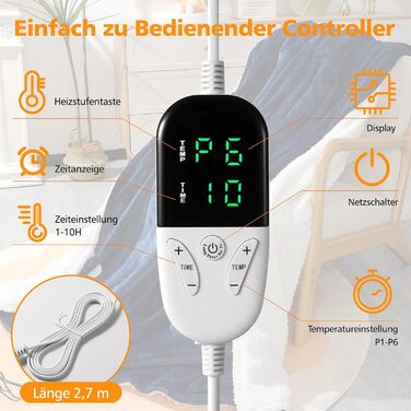 Електрична ковдра OneAmg з таймером та пультом керування, 155x180 см, 6 режимів нагріву, блакитна