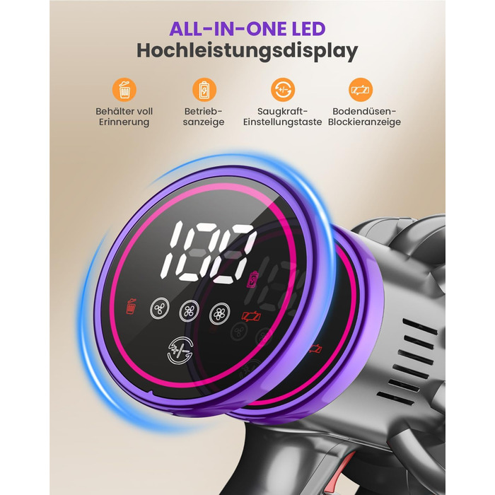 Бездротовий акумуляторний пилосос MAUOKE 45000Pa з LED-дисплеєм та V-подібною насадкою, 6-в-1 для дому, килимів, твердих поверхонь та видалення шерсті тварин