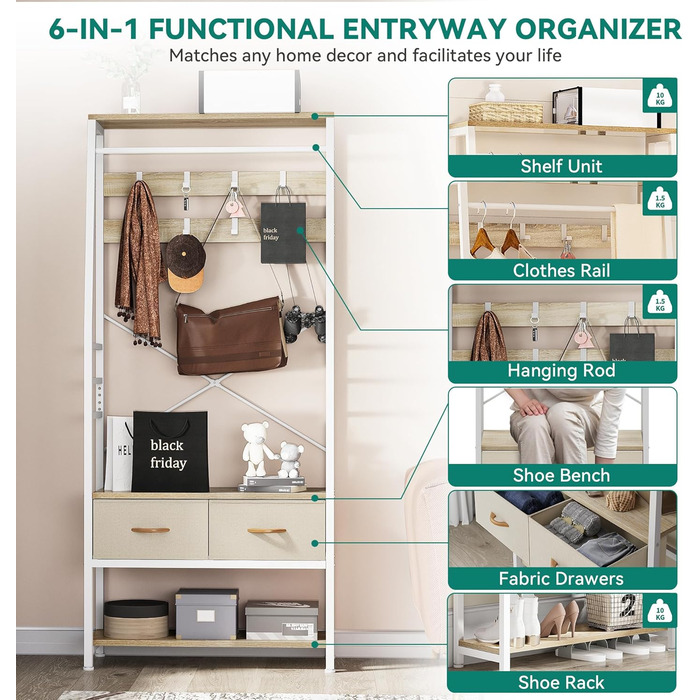 YITAHOME Entryway Bench with Shoe Cabinet, Freestanding Coat Rack with Bench and 2 Folding Drawers, Industrial Coat Rack with 8 Hooks for Entryway, Living Room, Bedroom, Metal Frame, Rustic Brown (Beige)