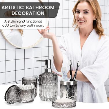 Набір аксесуарів для ванної кімнати 5 предметів: дозатор для мила та лосьйону, склянка для зубних щіток, стаканчик, мильниця, органайзер (чорний/прозорий) - сучасний декор для ванної, кухні, туалетного столика