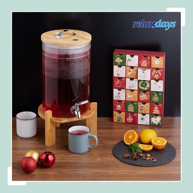 Диспенсер для напоїв Relaxdays, 5 літрів, холодні та гарячі напої, бамбуковий підставник, термометр, посудина для пуншу, прозорий/натуральний