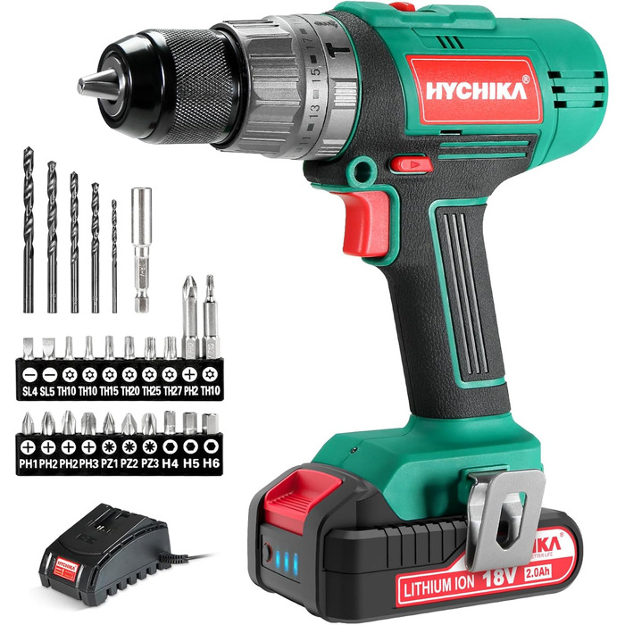 Акумуляторний шурупокрут HYCHIKA 18V, 45 Nm, 2.0 Ah, 27 предметів, 21+3 ступені, 2 швидкості, для свердління та закручування