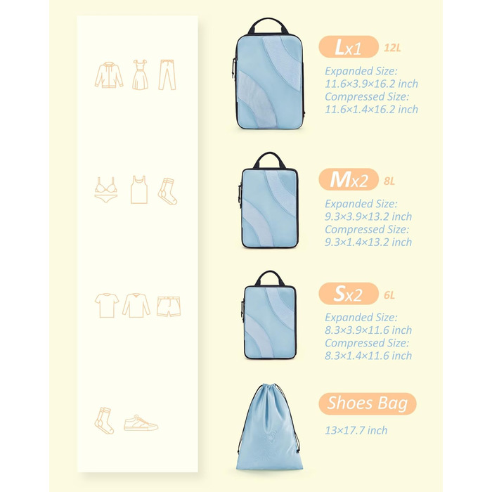 Органайзери для валізи BAGSMART компресійні (6 шт.), блакитний - набір кубиків для подорожей, органайзер для ручної поклажі