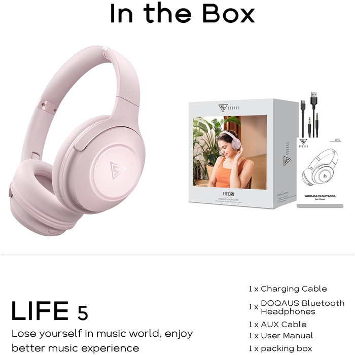 DOQAUS Бездротові навушники Bluetooth, 70 годин роботи, Bluetooth 5.3, Over-Ear, 3 режими EQ, HiFi стерео, з мікрофоном, складні, з м'якими амбушурами, рожеві