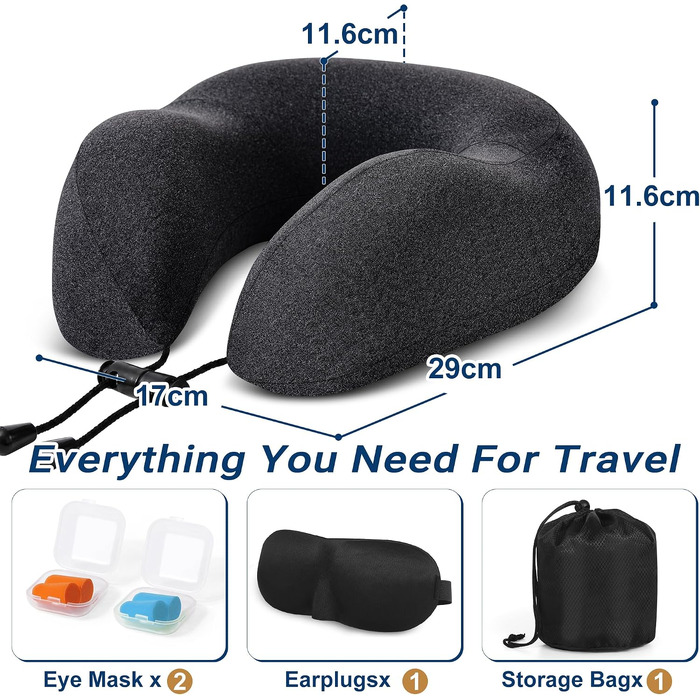 Подушка для подорожей Kobete з ефектом пам'яті (Memory Foam) для шиї, набір для сну в літаку, авто та поїзді: з 3D-маскою, берушами та сумкою, чорна