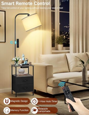 Стельова лампа для вітальні з поличкою та столиком, регульована LED, з пультом, 3 колірні температури, приліжний столик з підзарядкою та полицею, дерев'яний столик для спальні/офісу (сірий з шухлядами)