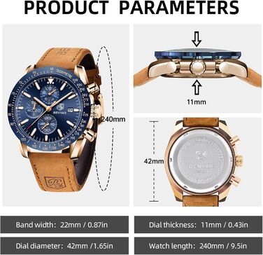 Годинник чоловічий BENYAR Quarz Chronograph, водонепроникний, з датою, браслет, класичний, для повсякденного та ділового стилю, коричнево-золотий, блакитний (прекрасний подарунок)