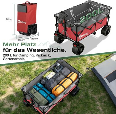 Універсальний візок Sekey XXL Plus 200L/200кг: Складаний, гальмівний, позашляховий, червоно-сірий, колеса 10 см