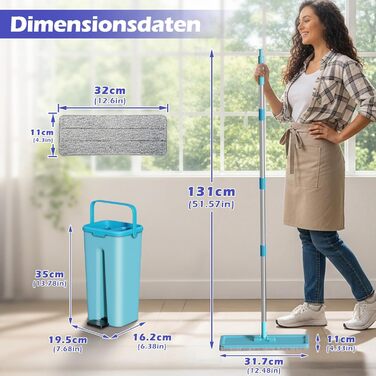 Набір для миття підлоги з відром, вичавлювач для швабри, 2 в 1, швабра-моп з регульованою ручкою з нержавіючої сталі та 6 мікрофібрових насадок, підходить для плитки та ламінату (швабра з відром: блакитний + синій)
