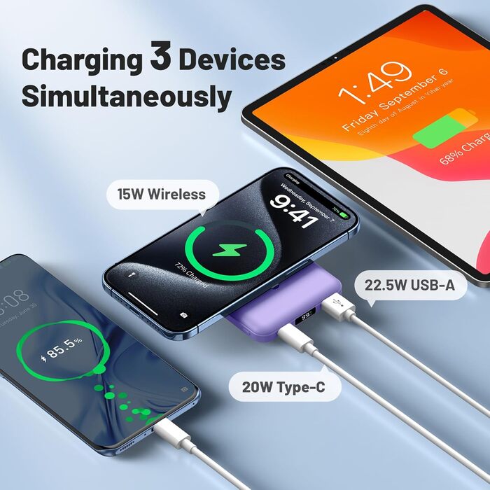 Powerbank AOGUERBE Mag-Safe 10000mAh з бездротовою зарядкою 22.5W PD та LED-дисплеєм (фіолетовий)