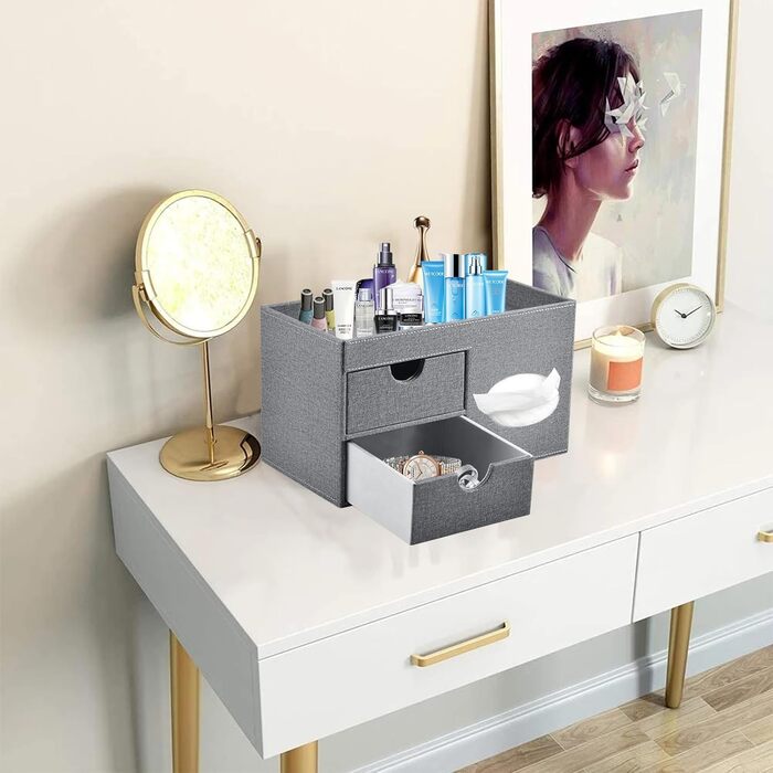 Tissue Box Linen with Drawers, Square Cosmetic Tissue Box with Magnetic Closure, Tissue Box with Side Pocket for Mobile Phones, Cosmetic Brushes, Remote Controls, Office Supplies, Perfumes (Gray)