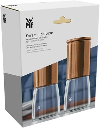 Набір млинів WMF De Luxe для солі та перцю, 2 шт, 14 см, скло, керамічний механізм, для солі, перцю, чилі, мідний колір